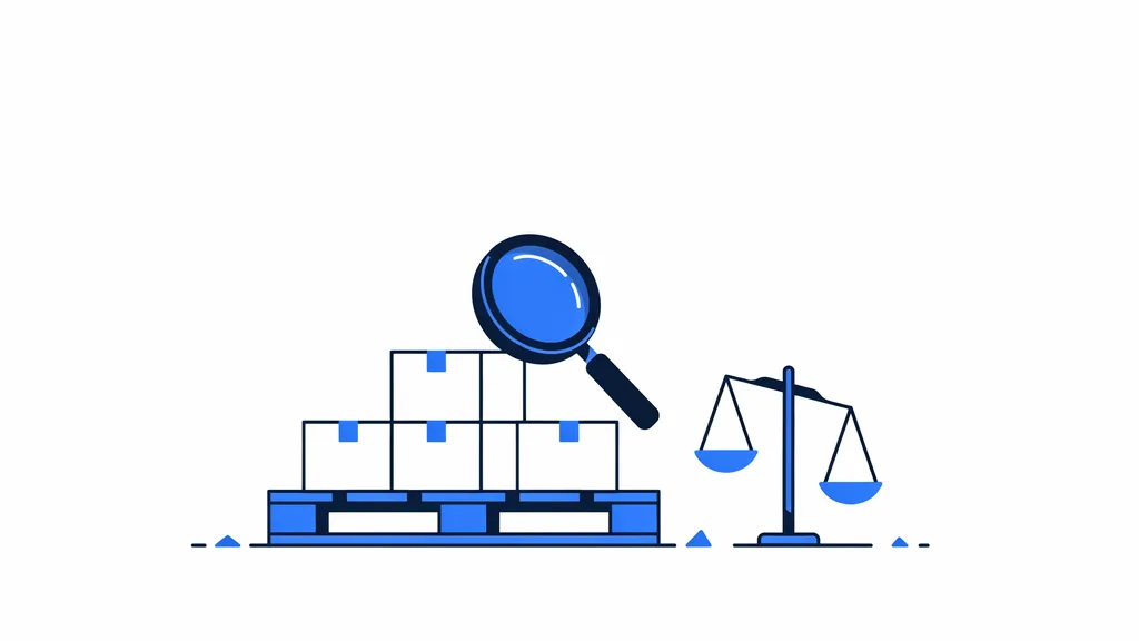 Flat-vector illustration of a wooden pallet stacked with sealed return boxes being inspected with a magnifying glass and weighed on a balance scale, in navy and blue.