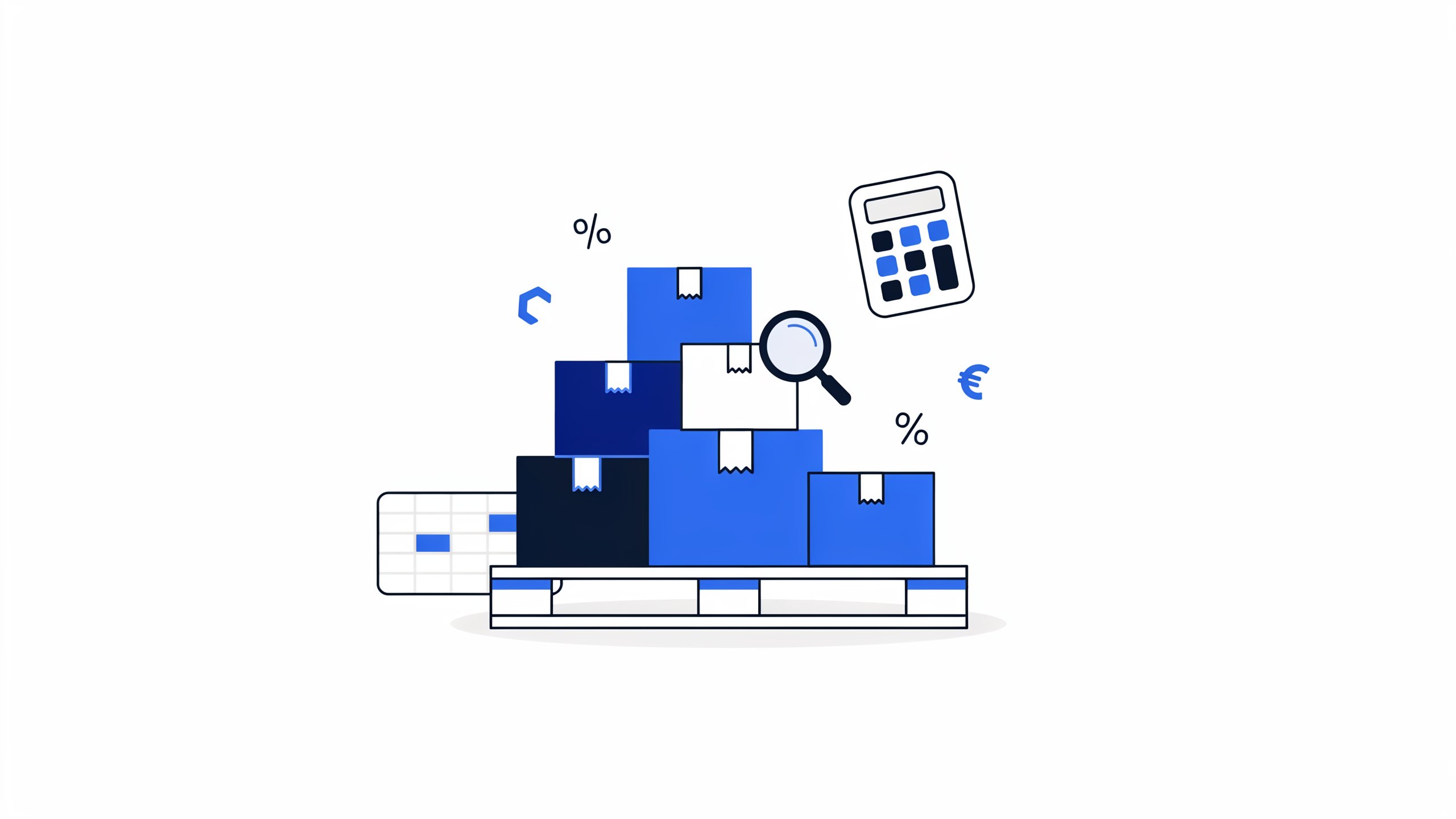 Liquidation pallet with stacked boxes, calculator, and ROI chart illustration