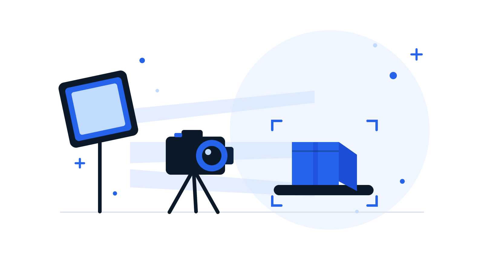 Flat-vector illustration of a camera on a tripod photographing a boxed product on a lit photo stand